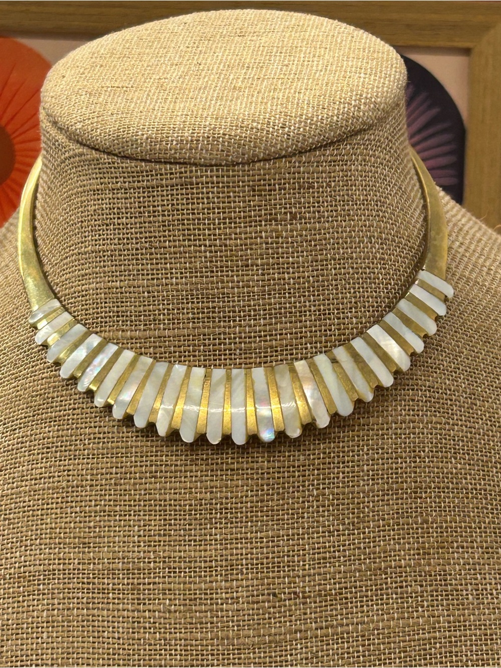 Brass and mother of pearl collar necklace. vintage?